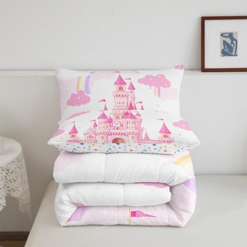 Feelyou Kids Twin Pink Castle Comforter Set Boys Rainbow Castle Bedding Set Girls Princess Comforter Fairy Tales Duvet Set Girls Bed Set 2Pcs
