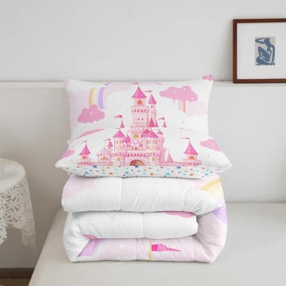 Feelyou Kids Twin Pink Castle Comforter Set Boys Rainbow Castle Bedding Set Girls Princess Comforter Fairy Tales Duvet Set Girls Bed Set 2Pcs