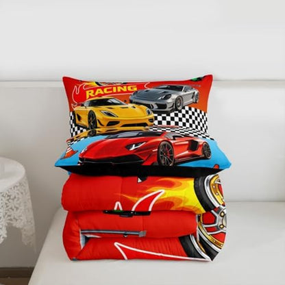 Feelyou Boys Race Car Bedding Set Soft for Boys Girls, Speed Sports Car Comforter Set King Size Racing Duvet Quilt Microfiber Extreme Sports Bedroom Decor Automobile 3 Pcs with 2 Pillow Cases