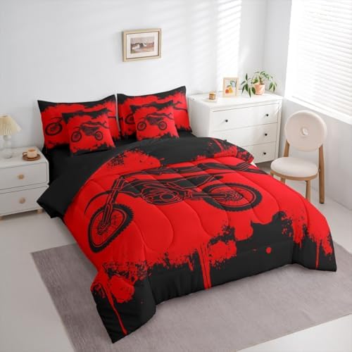 Erosebridal Dirt Bike Queen Comforter Set 7 Pieces, Motocross Rider Bed in A Bag for Bedroom, Motorcycle Game Bedding Set with Comforters, Sheets, Pillowcases Motorbike Extreme Sport Bedroom Decor