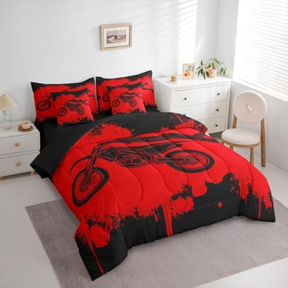 Erosebridal Dirt Bike Queen Comforter Set 7 Pieces, Motocross Rider Bed in A Bag for Bedroom, Motorcycle Game Bedding Set with Comforters, Sheets, Pillowcases Motorbike Extreme Sport Bedroom Decor