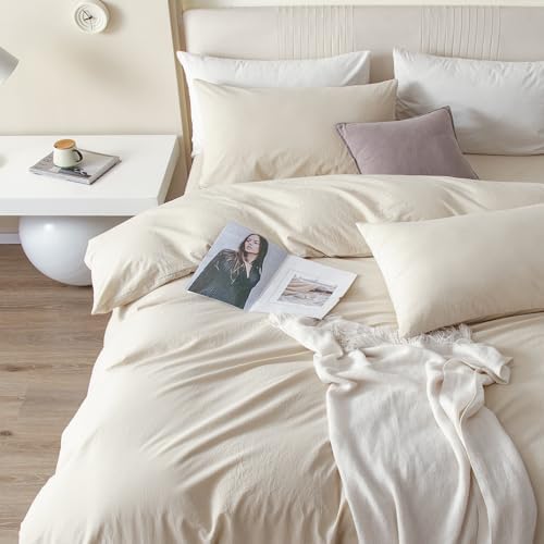 JIYUAN Oversized Queen Washed Cotton Duvet Cover Set Relaxed Linen Feel