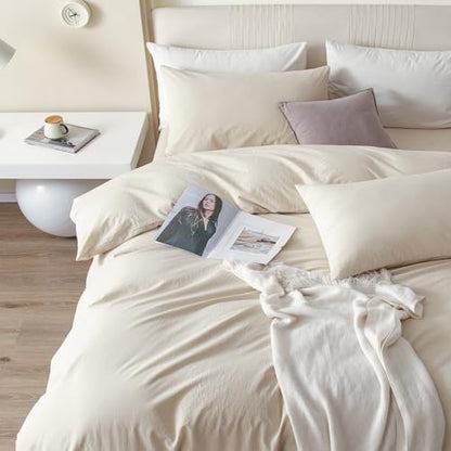 JIYUAN Queen Washed Cotton Duvet Cover Set, 3-Piece, Relaxed Linen Feel