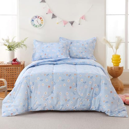 Yibeizi Blue Floral Comforter Set for Girls Kids Twin Size Bedding