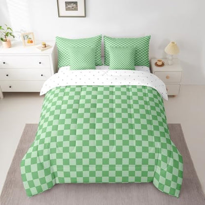 jejeloiu Green Bedding Set 7Pcs King Size Kids Buffalo Plaid Comforter Set with Sheets for Boys Girls Checkered Grid Bed in a Bag Soft Lightweight,Microfiber