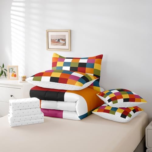 jejeloiu Classic Plaid Comforter Set with Sheets 7 Piece Twin Size