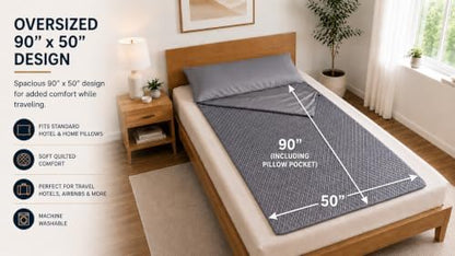 Oversized 90" × 50" Travel Bedding with Built-in Pillow Pocket, Full-Length Zipper & Carrying Case