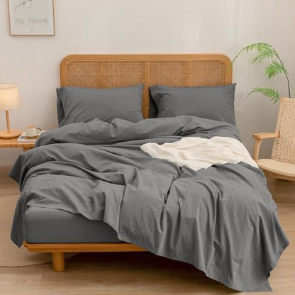 BESTOUCH Full Washed Cotton Linen Feel Sheet Set 4 Pcs Solid Dark Grey