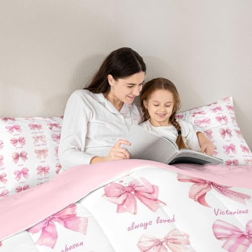 jejeloiu Pink Bow Comforter Set All Season Girls Bow Bedding Set with 1 Pillow Cases Cute Bowknot Microfiber Kids Toddler Bedclothes Bedroom Decor Duvet Quilt Breathable Soft Lightweight