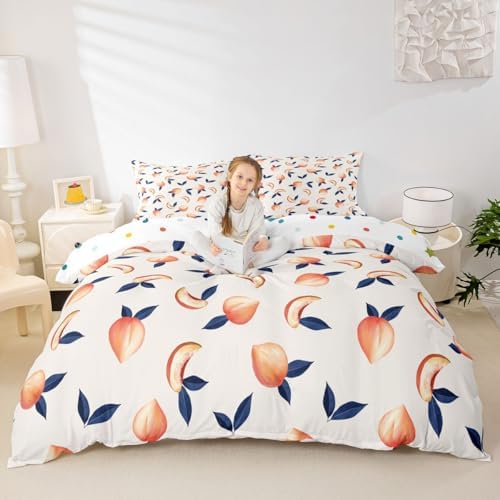 Erosebridal Peach Comforter Cover Set Queen for Girls Women Kids Cute Cartoon Fruit Printed Reversible Duvet Cover Stripe Decor Simple Soft Microfiber Polyester Bedding Set, Zipper, 3 Pieces