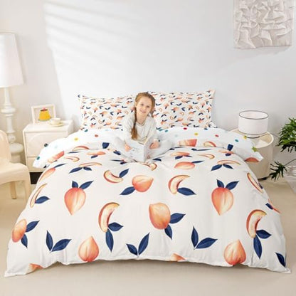 Erosebridal Peach Comforter Cover Set Queen for Girls Women Kids Cute Cartoon Fruit Printed Reversible Duvet Cover Stripe Decor Simple Soft Microfiber Polyester Bedding Set, Zipper, 3 Pieces