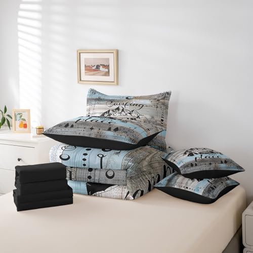 Erosebridal Rv Bed in A Bag for Travel Trailers Happy Camping Bunk Comforter Set 7 Piece Full Boho Stars Moon Camper Decor Bedding for Inside,Rustic Farmhouse Travel Adventure Bed Set Blue Grey