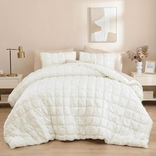 JANZAA Full Size Comforter Sets, Cream White Comforter with Puff Plaid Fluffy Comforter Set, Cloud-Like Soft Cozy Bedding Set, Lightweight Warm Bedroom Decor for All Season with 2 Pillowcases
