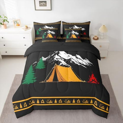 Erosebridal Happy Camping King Size Bed in A Bag Camper Rv Comforter Set with Sheets for Kids Boys Teens Bedroom Mountain Pine Tree 7 Piece Bedding Set Rustic Cabin Lodge Bed Sets, Black Orange