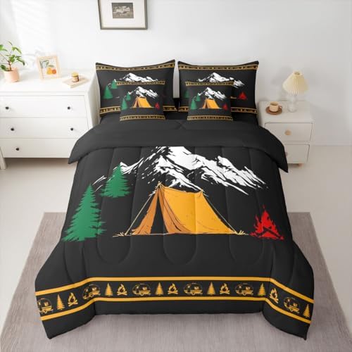 Erosebridal Happy Camping Full Size Bed in A Bag Camper Rv Comforter Set with Sheets for Kids Boys Teens Bedroom Mountain Pine Tree 7 Piece Bedding Set Rustic Cabin Lodge Bed Sets, Black Orange