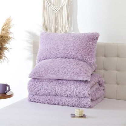 Smoofy Fluffy King Size Comforter Set, Purple Faux Fur Comforter Set 3 Pcs