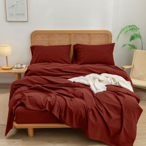 BESTOUCH Sheet Set 100% Washed Cotton Linen Feel Super Soft Comfortable Chic Lightweight 4 Pcs Home Bedding Set Solid Fired Brick Red Queen