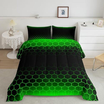 Feelyou Green Black Ombre Honeycomb Comforter King Size for Boys Girls, Geometrics Hexagon Comforter Set Abstract Green and Black Bedding Set Hexagonal Duvet Set Microfiber Bed Set