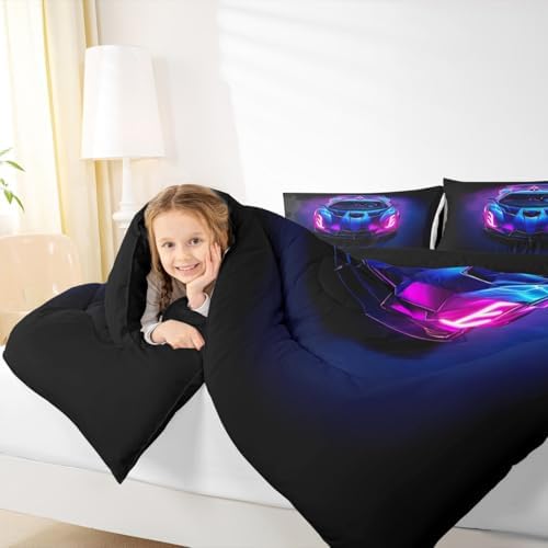 Kids Boys Sports Car Comforter Set Full Size Purple Blue Race Car Bedding Sets for Kids Teens Room Decor Extreme Sports Theme Comforter Cool Speed Luxury Car Decor Quilt Set Soft for All Season