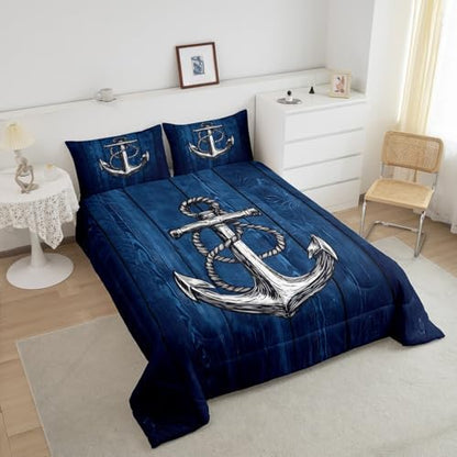 Anchor Nautical Comforter Set Full,Rustic Farmhouse Style Bedding Set 3pcs for Kids Teen Adult Room Decor,Blue Wooden Board Down Comforter Vintage Maritime Adventure Duvet Insert with 2 Pillowcases