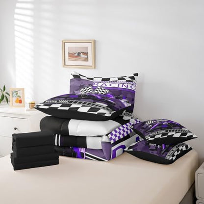 Camouflage Racing Comforter Set 7 Pieces,Boys Men Racing Car Gamer Bed Set,Purple Race Car Bedding Bed in a Bag Soft,King (1 Comforter,2 Pillowcase,2 Pillow Covers,1 Flat Sheet,1 Fitted Sheet)