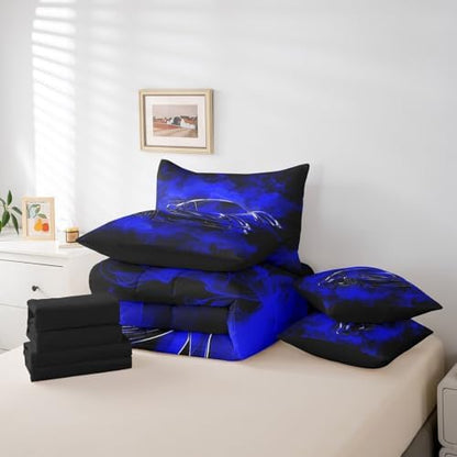 Feelyou Speed Sports Car Comforter Set with Sheets Full Size Kids Smoky Race Car 7 Pieces Bedding Set for Boys Girls Teens Racing Car Bed in a Bag Breathable Extreme Sports Bed Set Black Blue