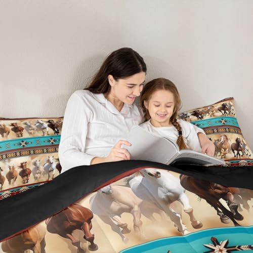 Horse Bedding Set Full Size Western Rustic Farmhouse Style Comforter Set,Boho Wild Farm Animal Horse Print Comforter Bohemian Exotic Style Duvet Insert Indian Aztec African Tribal Vintage Quilt