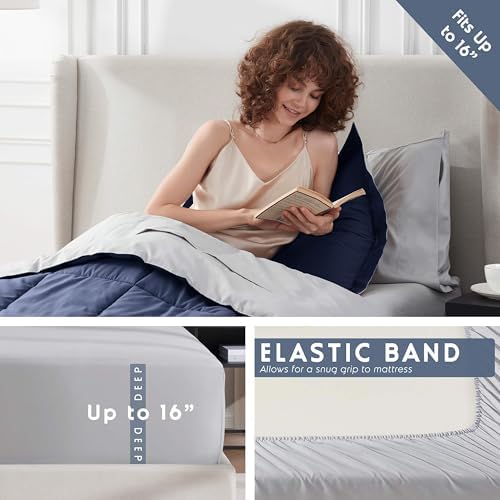 Nestl 7 Piece Twin XL Comforter Set – Navy Reversible Bed in a Bag – Complete Twin XL Size Bedding Set with Sheets, Set of 2 Down Alternative Pillows, Pillowcase and Sham