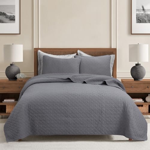 Cozy Line Home Fashions 100% Cotton Quilt Set – 3-Piece Charcoal Gray Solid Classic Modern Quilted Bedspread with Shams, Lightweight All Season Modern Bedding (Diamond Gray, King)