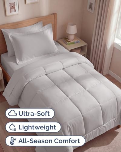 Twin Comforter Set - 5 Piece Bed in a Bag Twin Size Bed Set - Light Grey