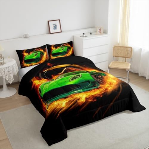 Erosebridal Twin Race Car Comforter Set for Boys Girls,Green Cars Toddler Bedding Set Race Car Room Decor for Boys,Kids Sports Car Bedding Sets Lightweight Soft Racing Car Quilt Bed Set 2Pcs