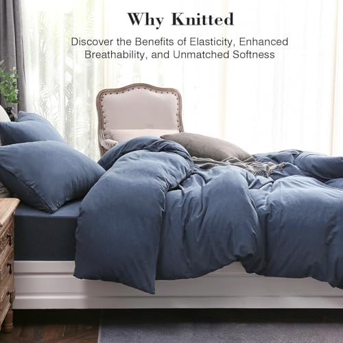 PURE ERA Jersey Knit Duvet Cover Set Heather Navy Blue Oversized King