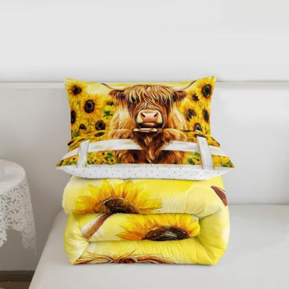 jejeloiu Highland Cow Comforter Set All Season Highland Cattle Bedding Set with 2 Pillow Cases Sunflower Farmhouse Microfiber Kids Full Bedclothes Wildlife Bedroom Decor Duvet Quilt Breathable Soft