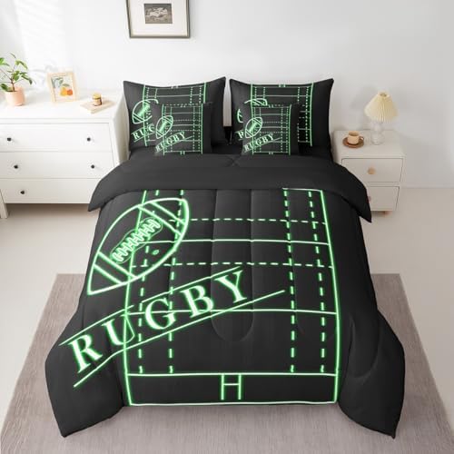 Boys Soccer Bed in a Bag 7Pcs for Kids Teens Black Green Bedding Set, Sports Gaming Full Size Comforter Set Green Football Field Bedding Comforter Sets, Ball Game Bed Set Super Cozy (Black Reversible)