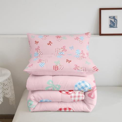Homewish Pink Cherry Comforter Set King Size,Colorful Check Cherry Bedding Sets for Kids Girls Boys Adult Room Decor,Blue Pink Bowknots Down Comforter Cute Princess Style Quilt Set,2 Pillowcases