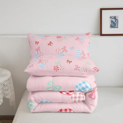 Homewish Pink Cherry Comforter Set King Size,Colorful Check Cherry Bedding Sets for Kids Girls Boys Adult Room Decor,Blue Pink Bowknots Down Comforter Cute Princess Style Quilt Set,2 Pillowcases