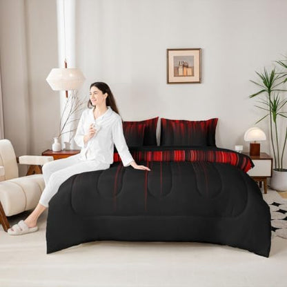 Feelyou Neon Red Black Twin Comforter Set with Sheets for Kids Boys Girls Geometric 7 Pieces Bedding Set Ombre Bed in a Bag Room Decor Soft Lightweight Microfiber