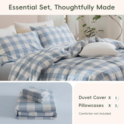 JIYUAN California King Washed Cotton Duvet Cover Set, Buffalo Check
