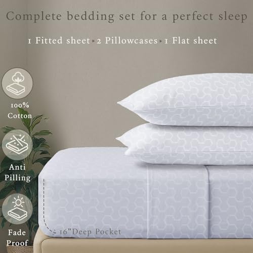 Threadmill 500 Thread Count Queen Size Sheets 4 Pc Luxury Cotton Bedding Set, Jacquard Floria Hotel White, Silky Smooth Sheets with 16" Elasticized Deep Pocket, 2 Pillowcases & Free Tote Bag