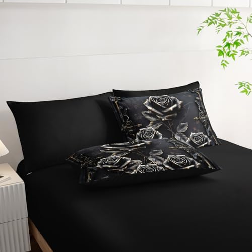 Comforter Set Queen Size Bed 7 Piece Roses，Black Queen Quilt Bedding Set Roses，Rose Bedroom Decor for Bed，(1 Comforter, 1 Flat Sheet, 1 Fitted Sheet, 2 Pillowcase and 2 Pillow Sham)