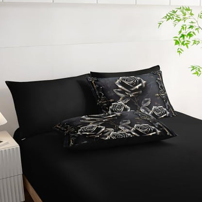Comforter Set Queen Size Bed 7 Piece Roses，Black Queen Quilt Bedding Set Roses，Rose Bedroom Decor for Bed，(1 Comforter, 1 Flat Sheet, 1 Fitted Sheet, 2 Pillowcase and 2 Pillow Sham)