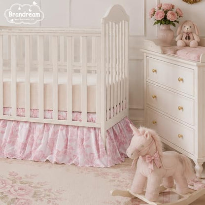 Brandream Organic Cotton Crib Skirt Dust Ruffle, Baby Girl Crib Bed Skirt, 4-Sided, Luxury French Vintage Pink Rose Floral & Bow Cottagecore Toddler Bedskirt Farmhouse Chic Nursery Bedding Skirt