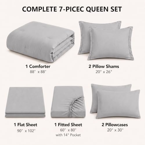 HIMEET Queen Comforter Set, 7-Piece Point-Quilted Bed in a Bag French Grey