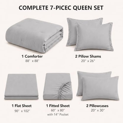 HIMEET Queen Comforter Set, 7-Piece Point-Quilted Bed in a Bag French Grey