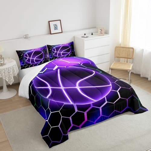 Manfei Purple Basketball Comforter Set King Size, Honeycomb Hexagon Quilt Set with 2 Pillowcases, Colorful Neon Light Lines Bedding Set 3pcs for Kids Boys Girls Sports Theme Duvet Insert