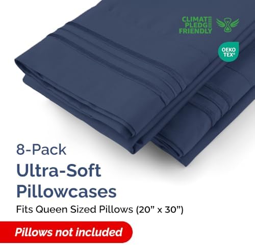 Queen Pillow Cases Set of 8 - Ultra Soft Pillowcase Covers - Navy Blue