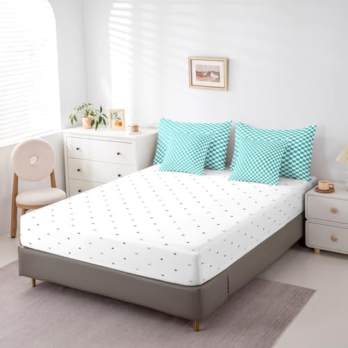 jejeloiu Teal Checkered Bedding Set 7Pcs King Size Kids Classic Plaid Comforter Set with Sheets for Boys Girls Grid Buffalo Check Bed in a Bag Soft Lightweight,Microfiber