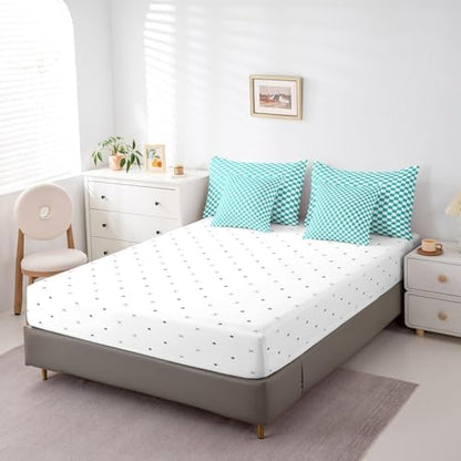 jejeloiu Teal Checkered Comforter Set with Sheets 7 Piece Twin Size