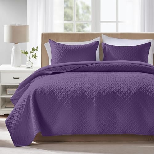 FLYMME Twin Quilt Set,Lightweight Purple Bedspreads,Basket Weave Pattern,Ultra Soft Microfiber Bedspread Bed Coverlet 2 Pieces for All-Seasons (1 Quilt,1 Shams)