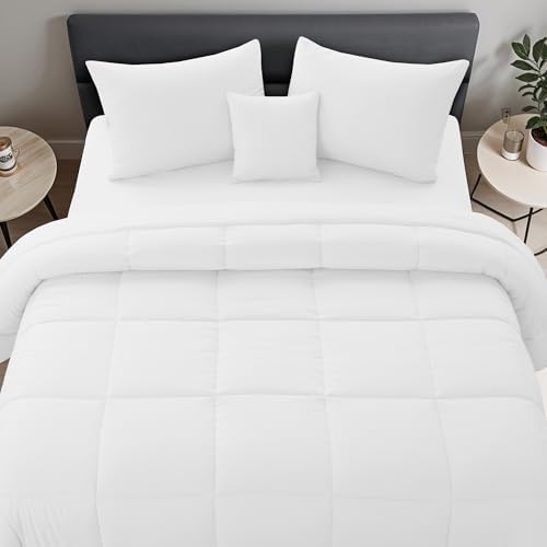 LUX Décor 5pc King Comforter Set, All-in-One Bed in a Bag, Includes 1 Comforter, 2 Pillow Shams, 1 Decorative Pillow & 1 Bed Skirt (White, King)
